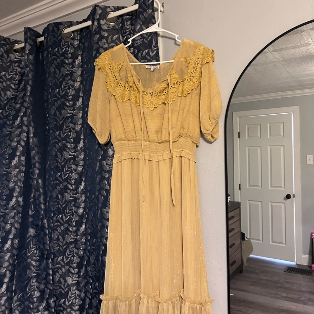 Moon River Yellow Tiered Maxi Dress with Smocked Bodice and Flutter Sleeves